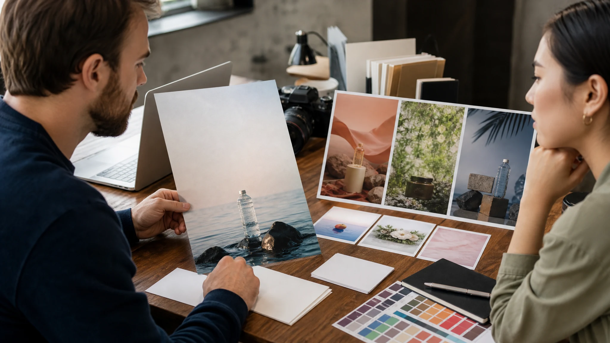 Marketing team reviewing AI generated poster campaign visuals with blank text-safe layouts