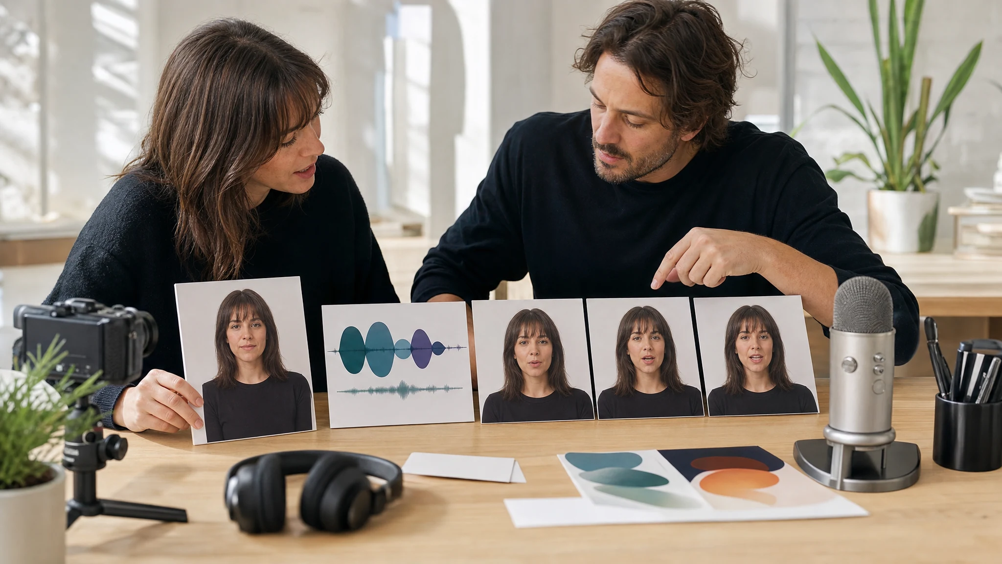 Creative team reviewing one portrait, abstract audio cards, and short video avatar frames without text
