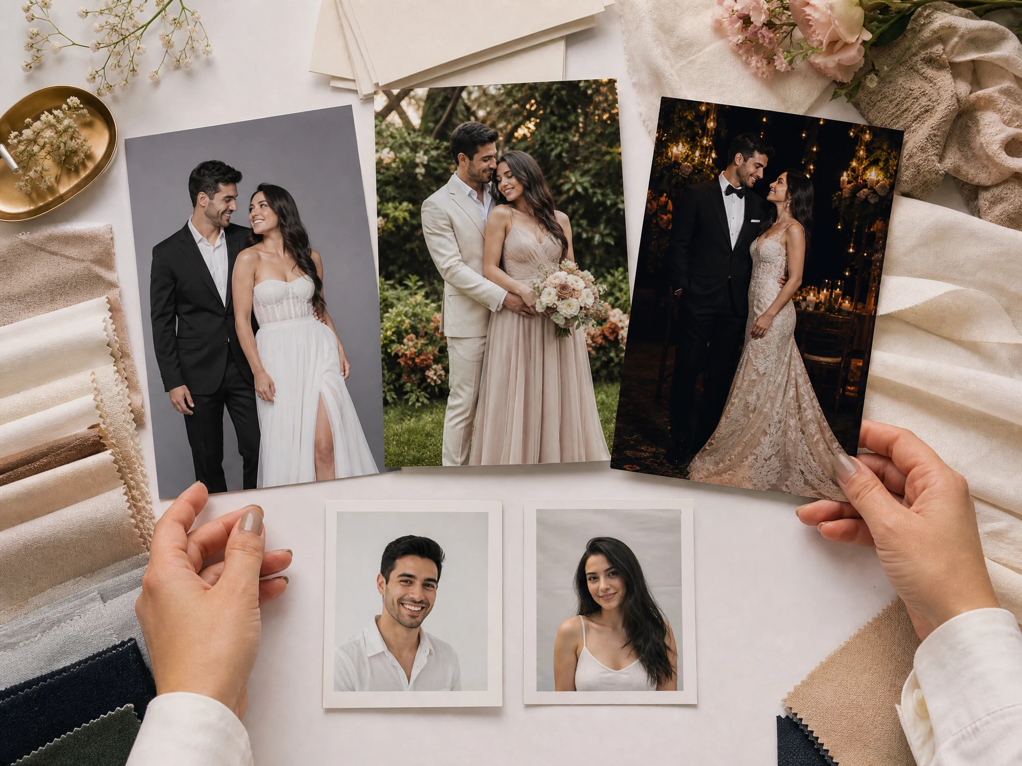 Wedding photo prompt examples for studio garden ballroom and editorial styles
