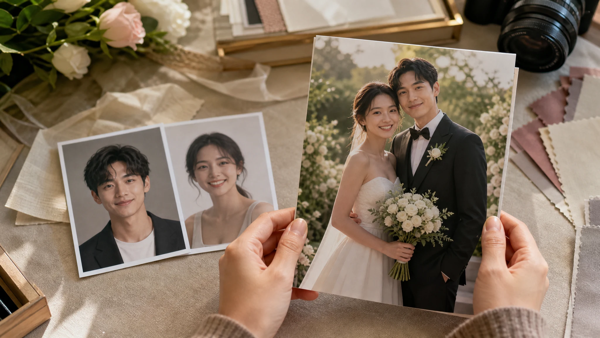 AI wedding photo generated from two separate partner portraits