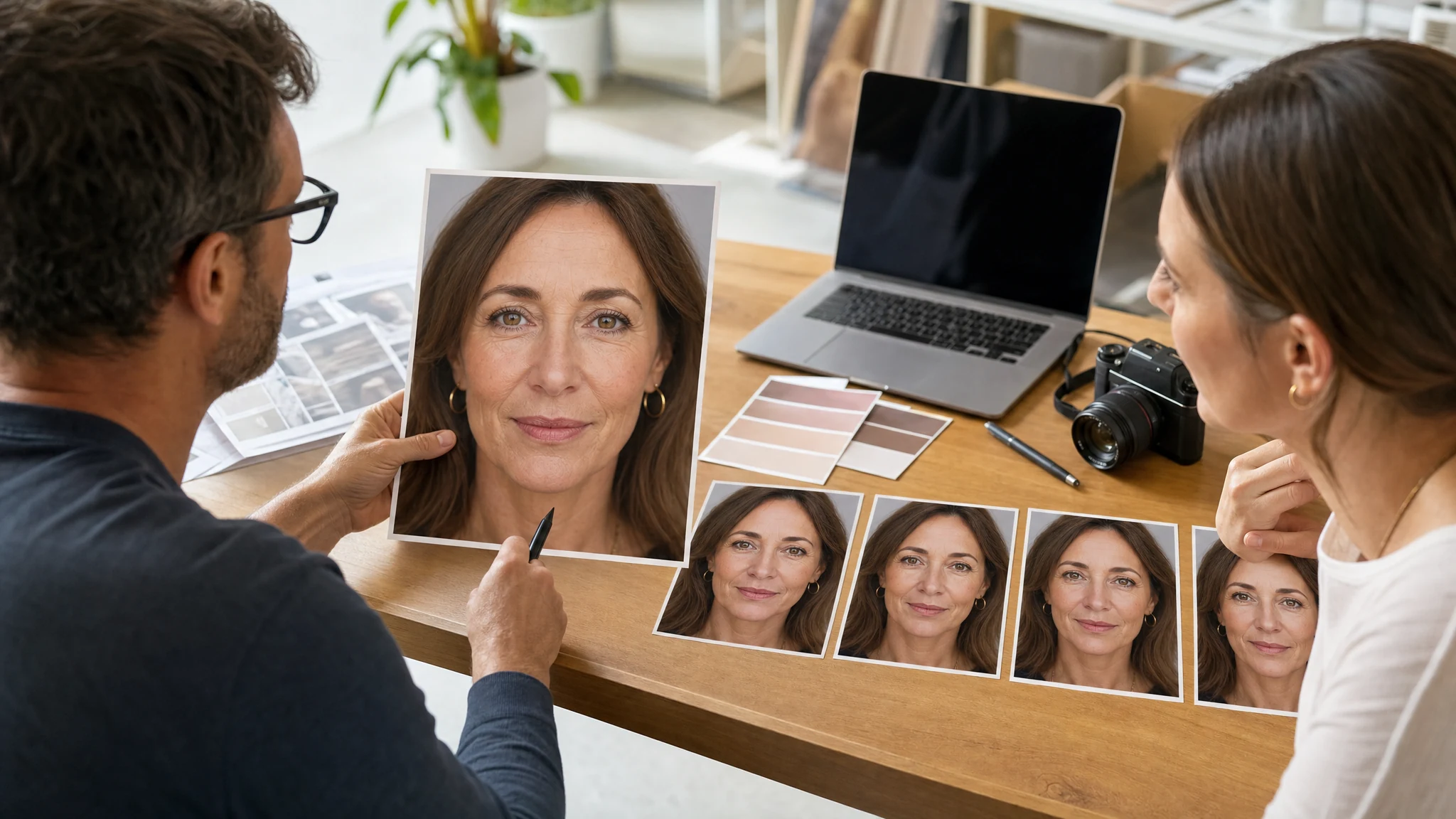 Creator reviewing natural AI wrinkle remover portrait retouch results