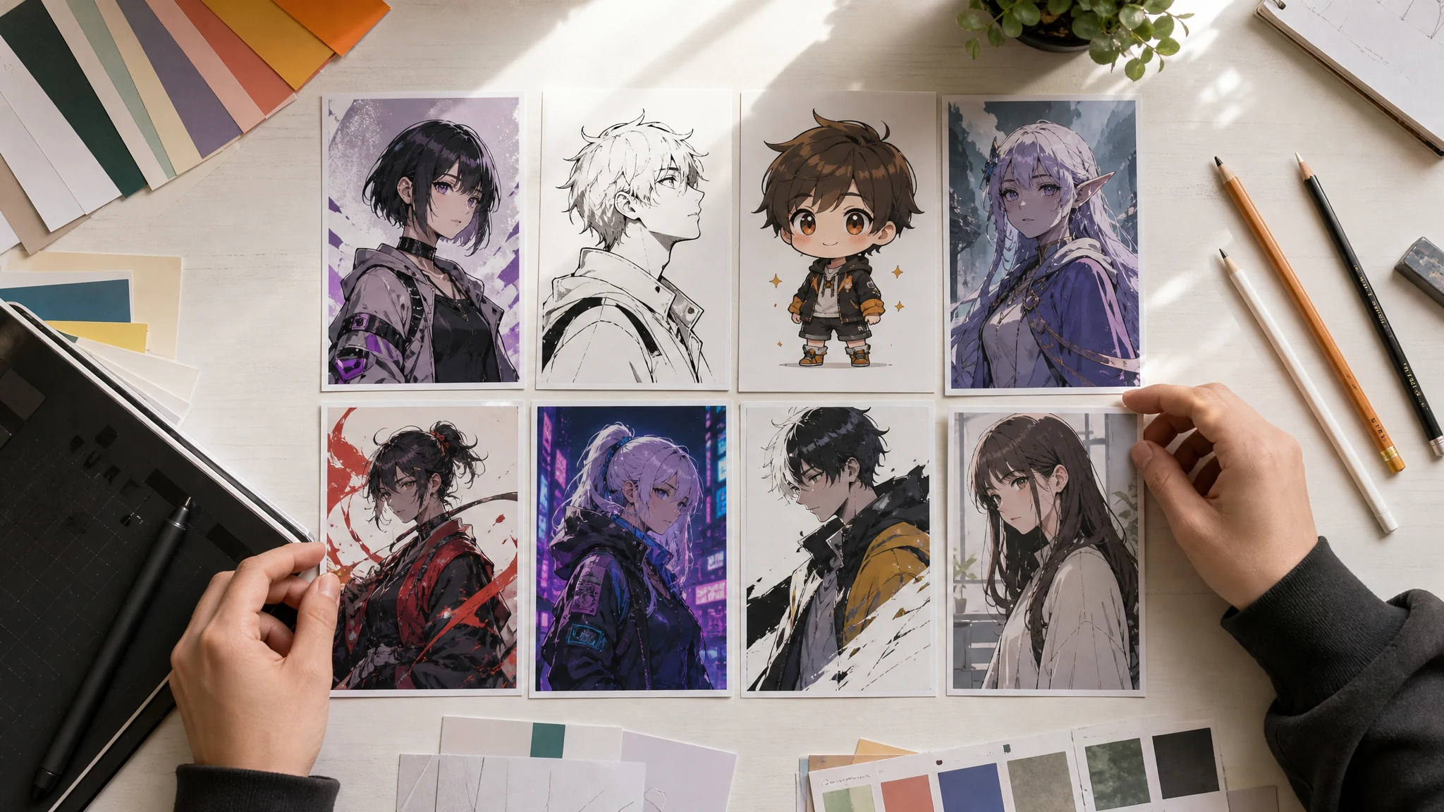 Anime character prompt examples for avatars, fantasy, cyberpunk, chibi, and manga concepts