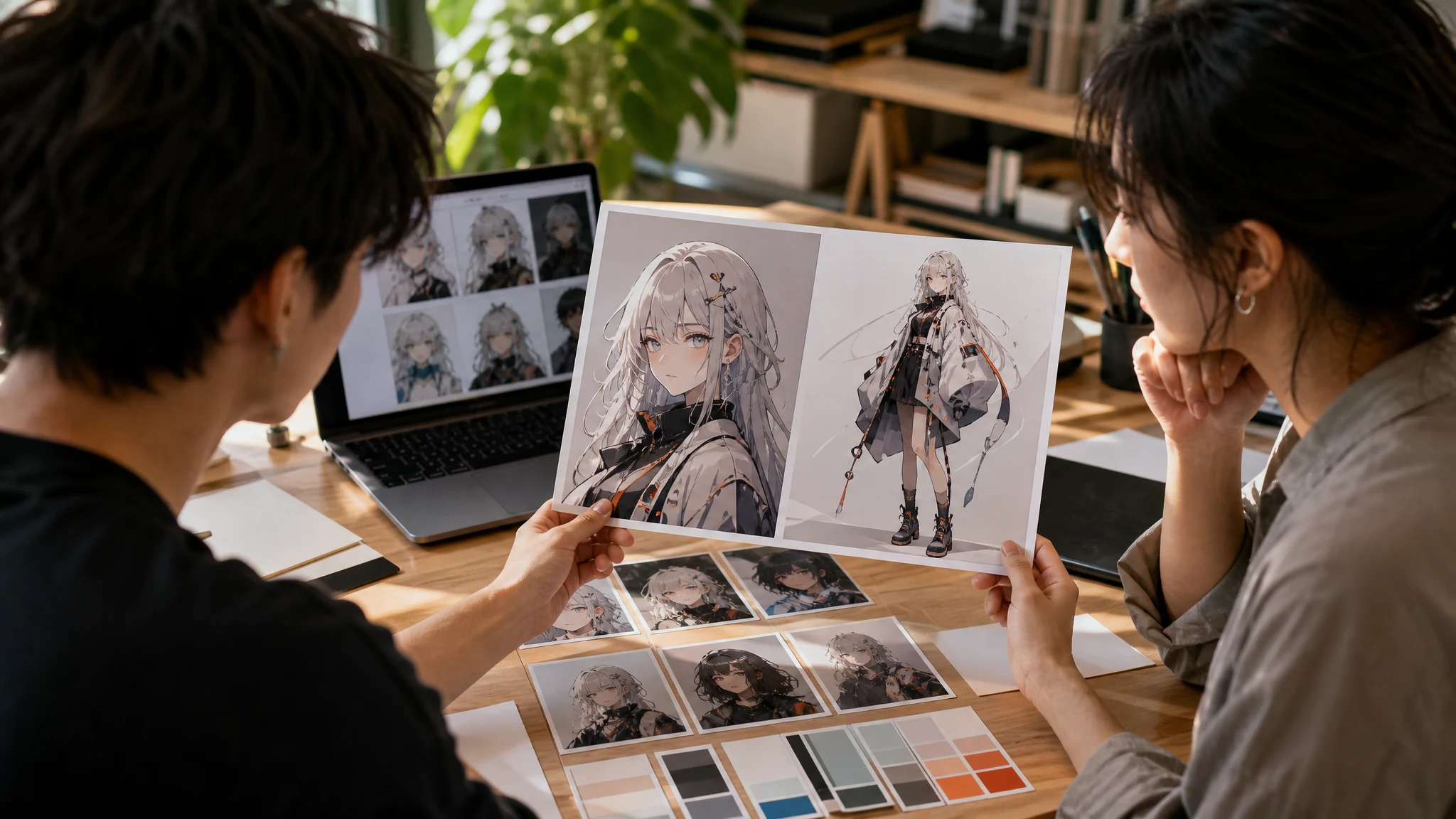 Creator reviewing original anime character portraits and full-body concept sheets