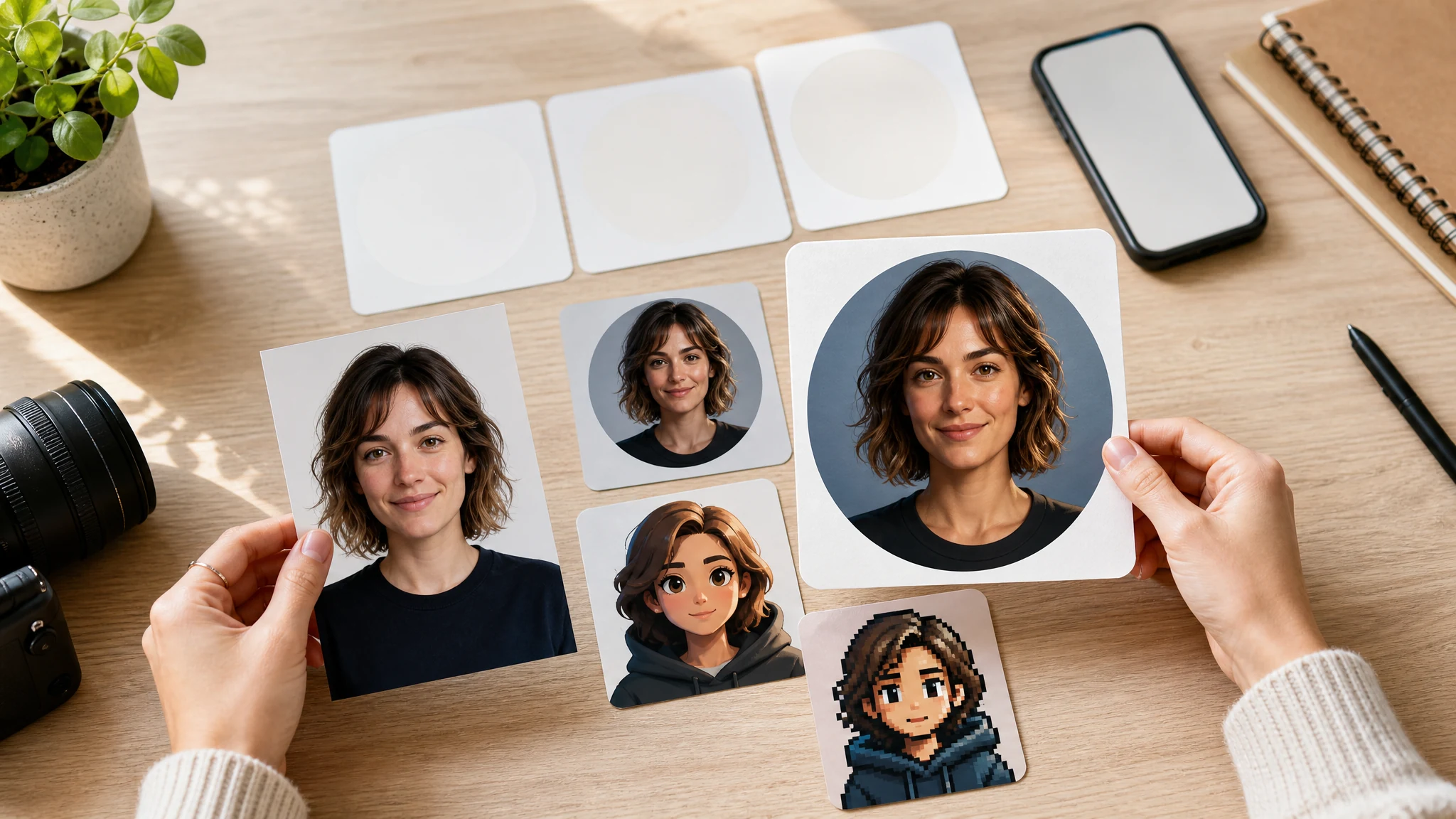 Creator turning a real portrait photo into profile-ready avatar styles