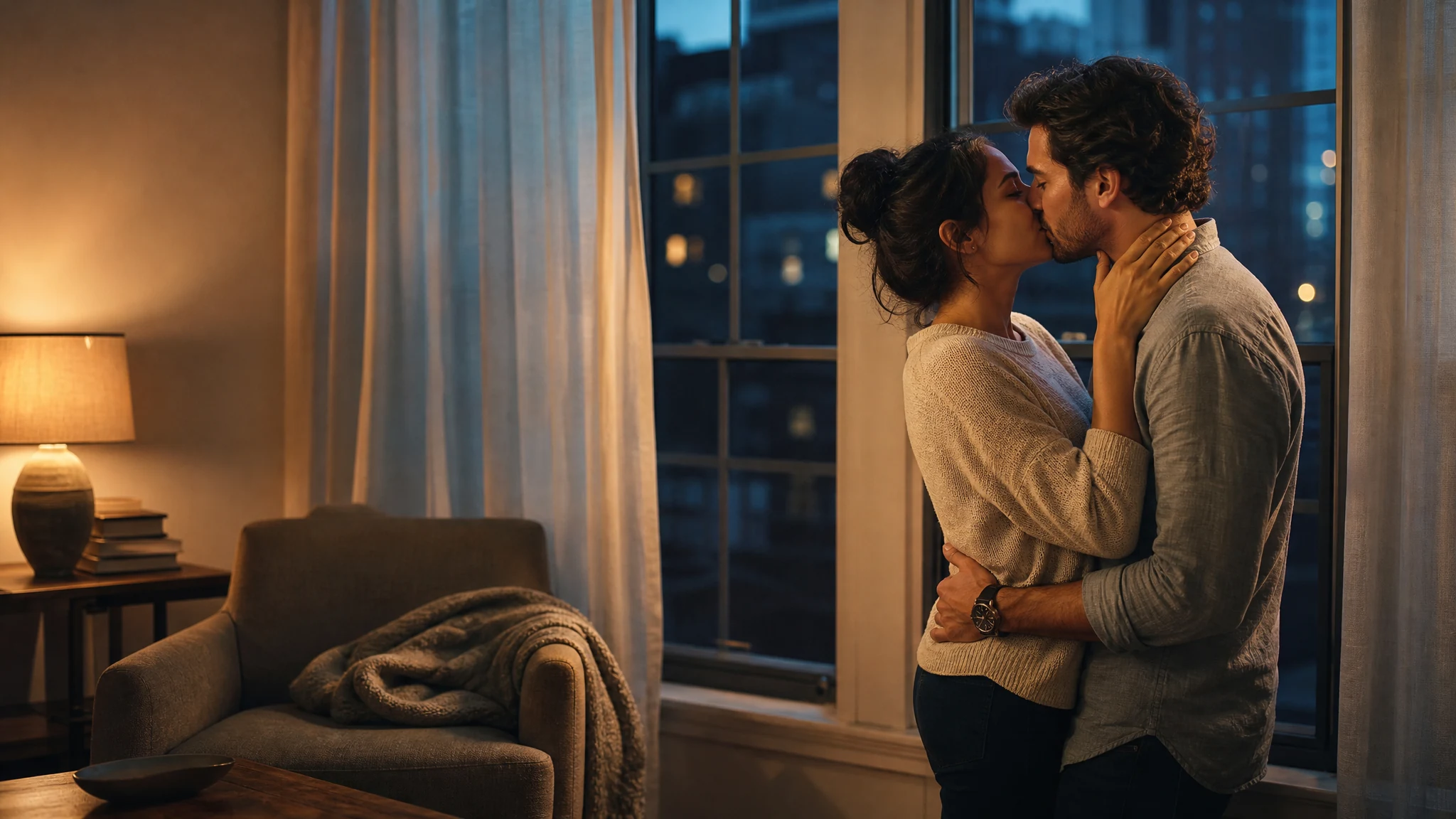 शाम की गर्म रोशनी में बैठक कक्ष की खिड़की के पास पास से किस करता जोड़ा