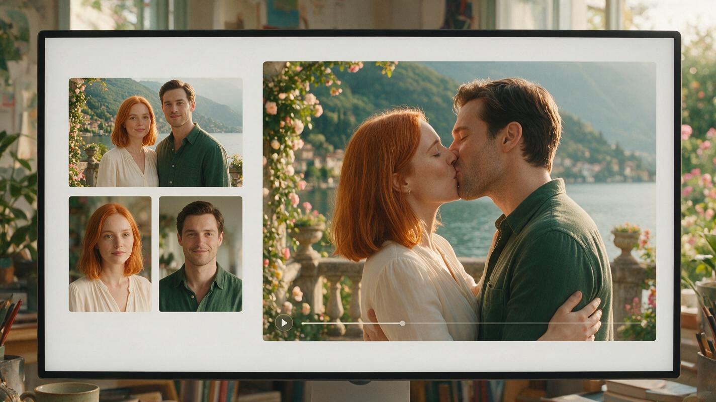 Monitor mit einem Paarfoto und zwei Einzelporträts neben einem erzeugten leidenschaftlichen Kussvideo derselben Erwachsenen