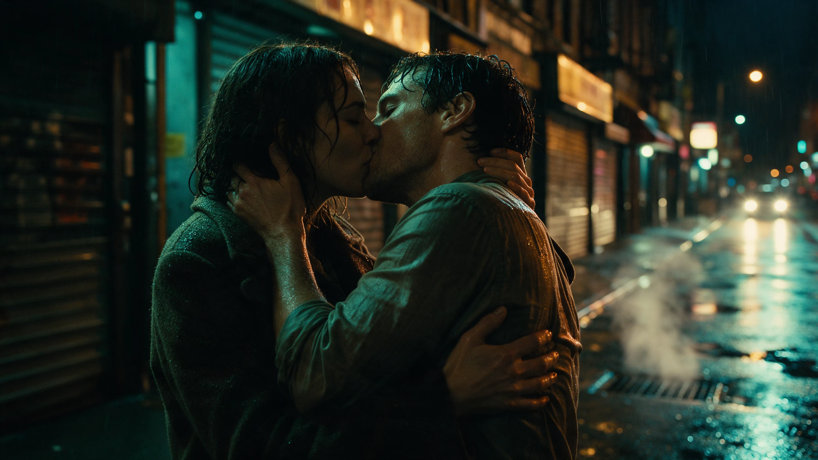 Couple in a tight embrace and passionate kiss on a rainy neon-lit street