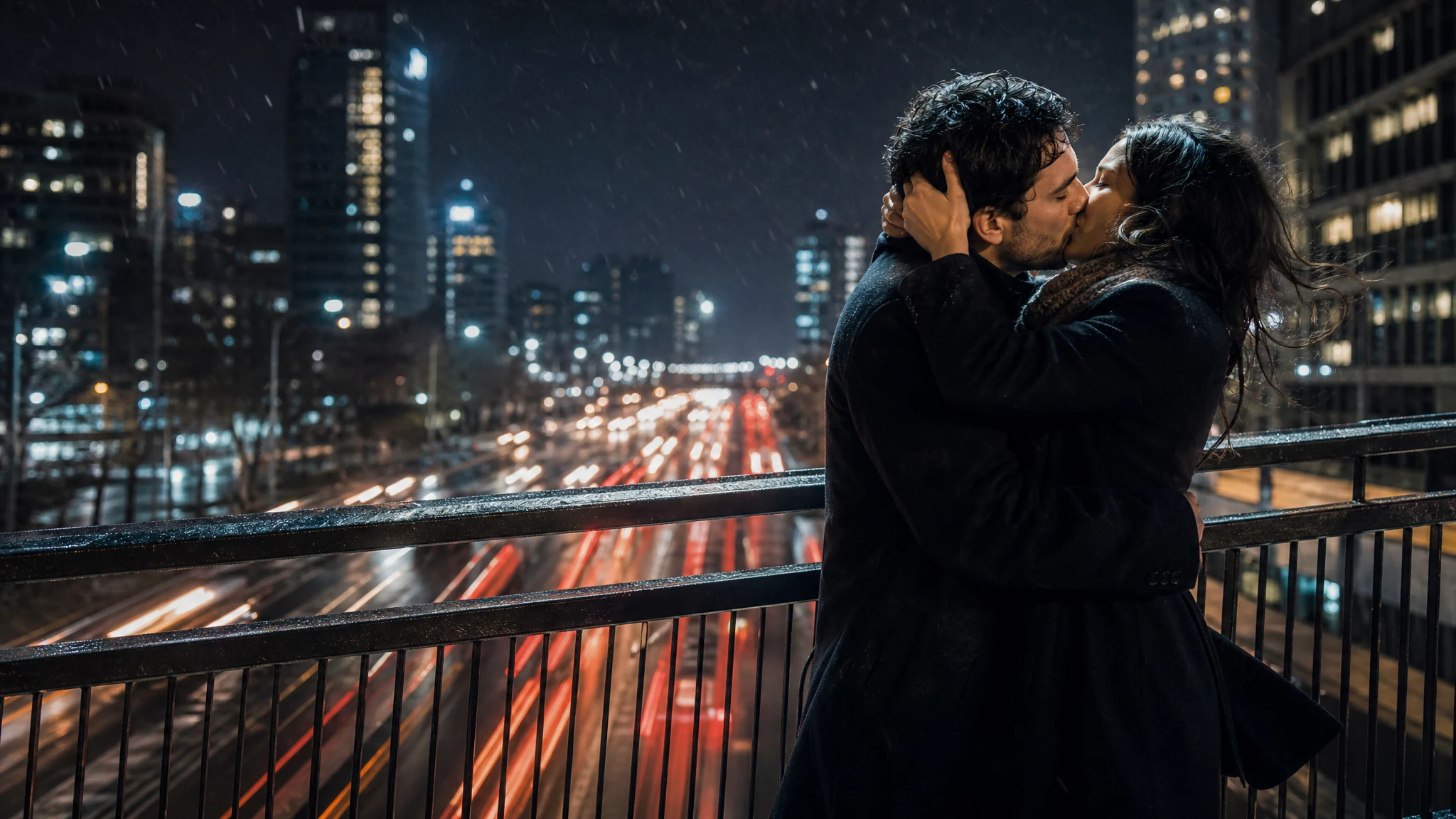 Couple in a tight embrace and kiss on a city footbridge above traffic light trails