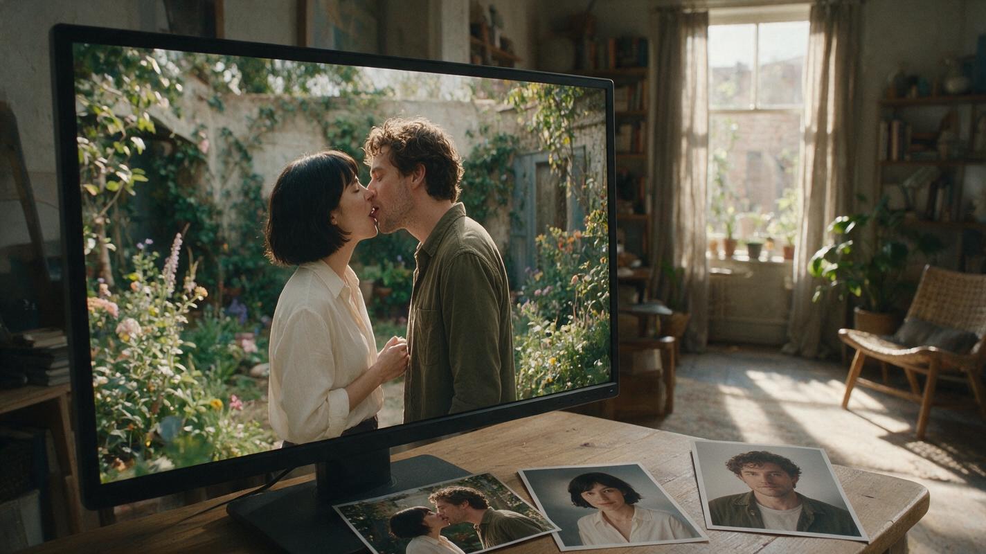 Monitor showing a couple sharing a tongue kiss with their source photos on the desk