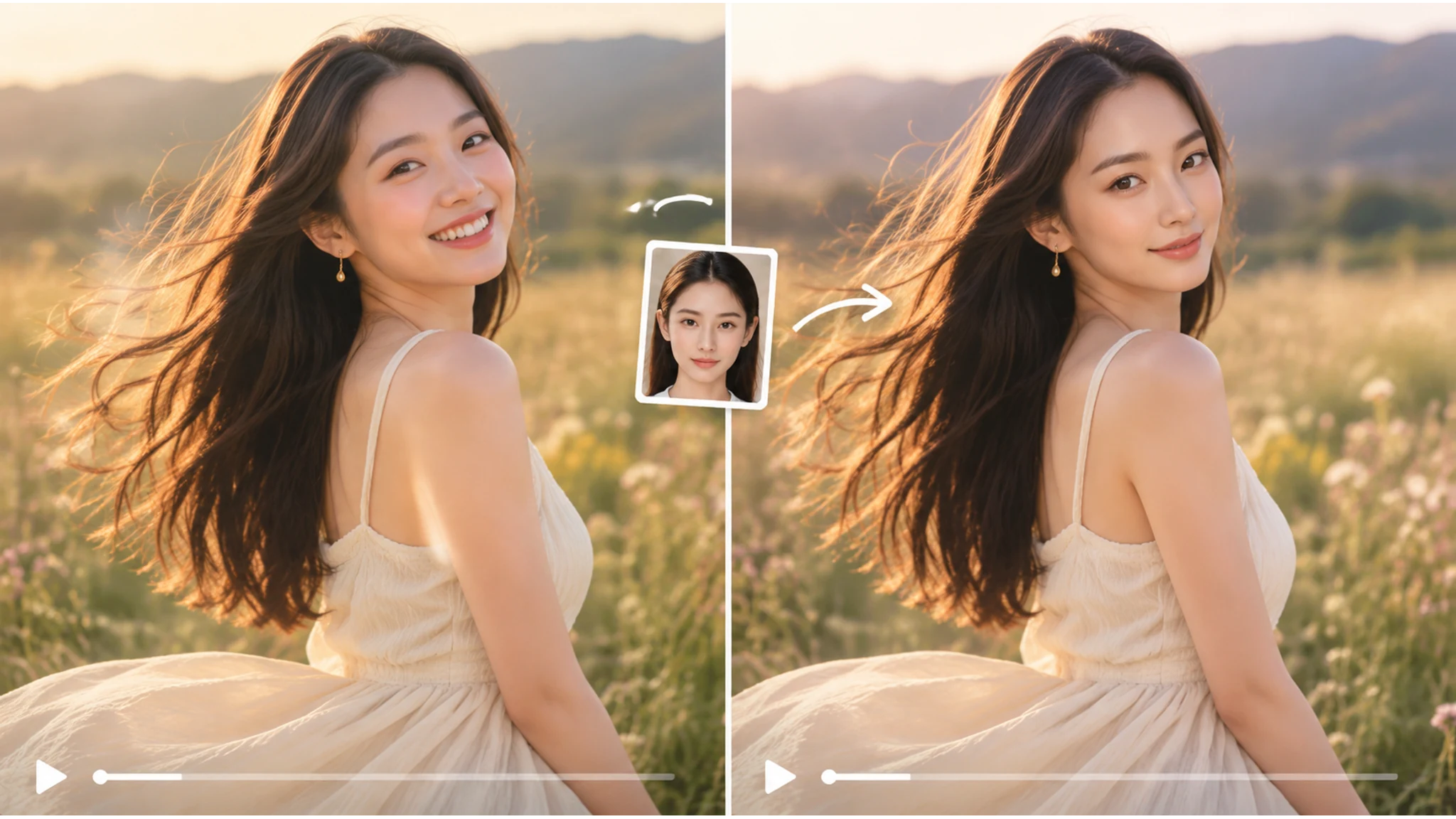 Woman in a wildflower meadow, shown before and after a video face swap