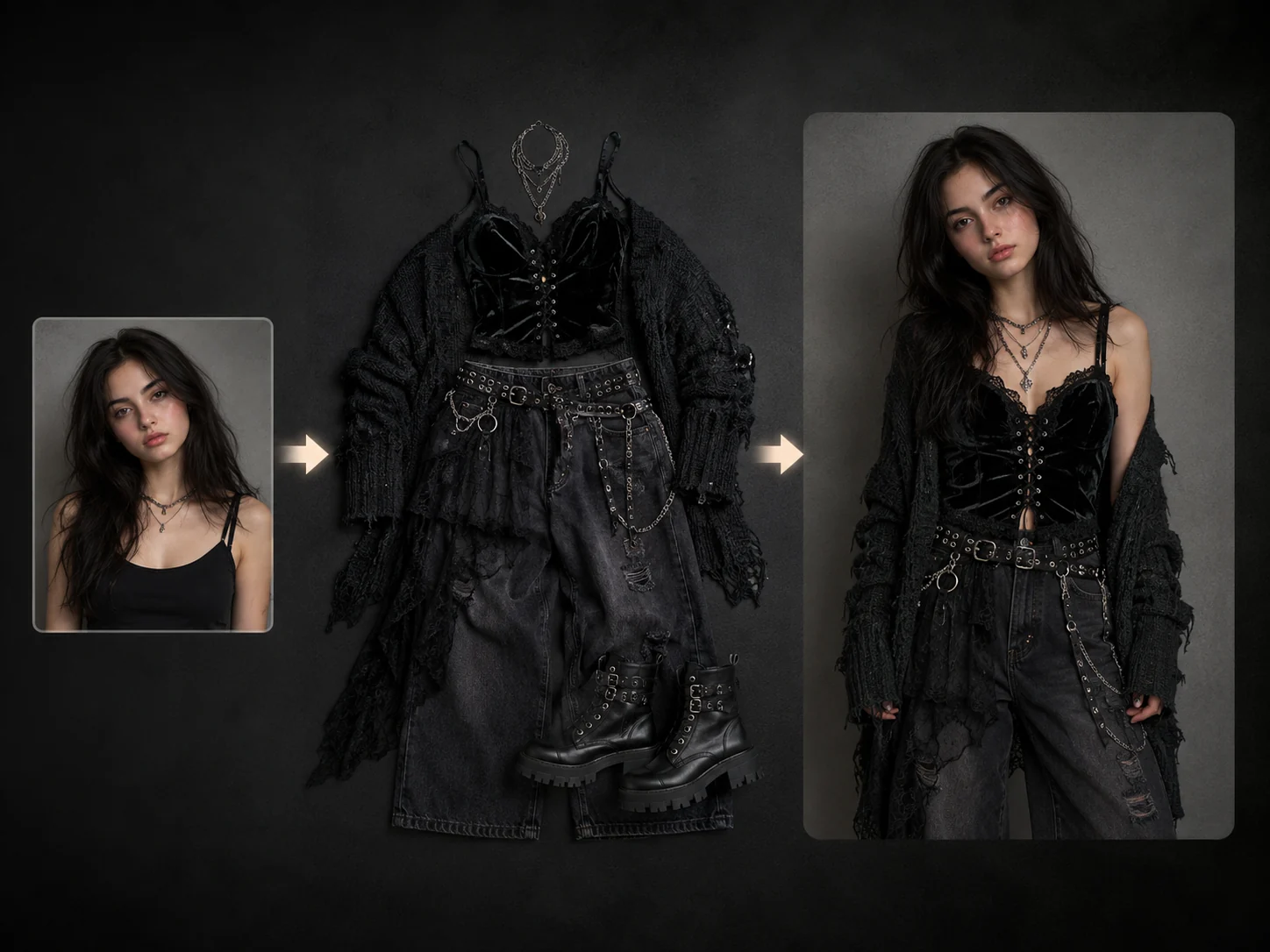 Person photo, Gothic Grunge outfit reference, and finished outfit preview