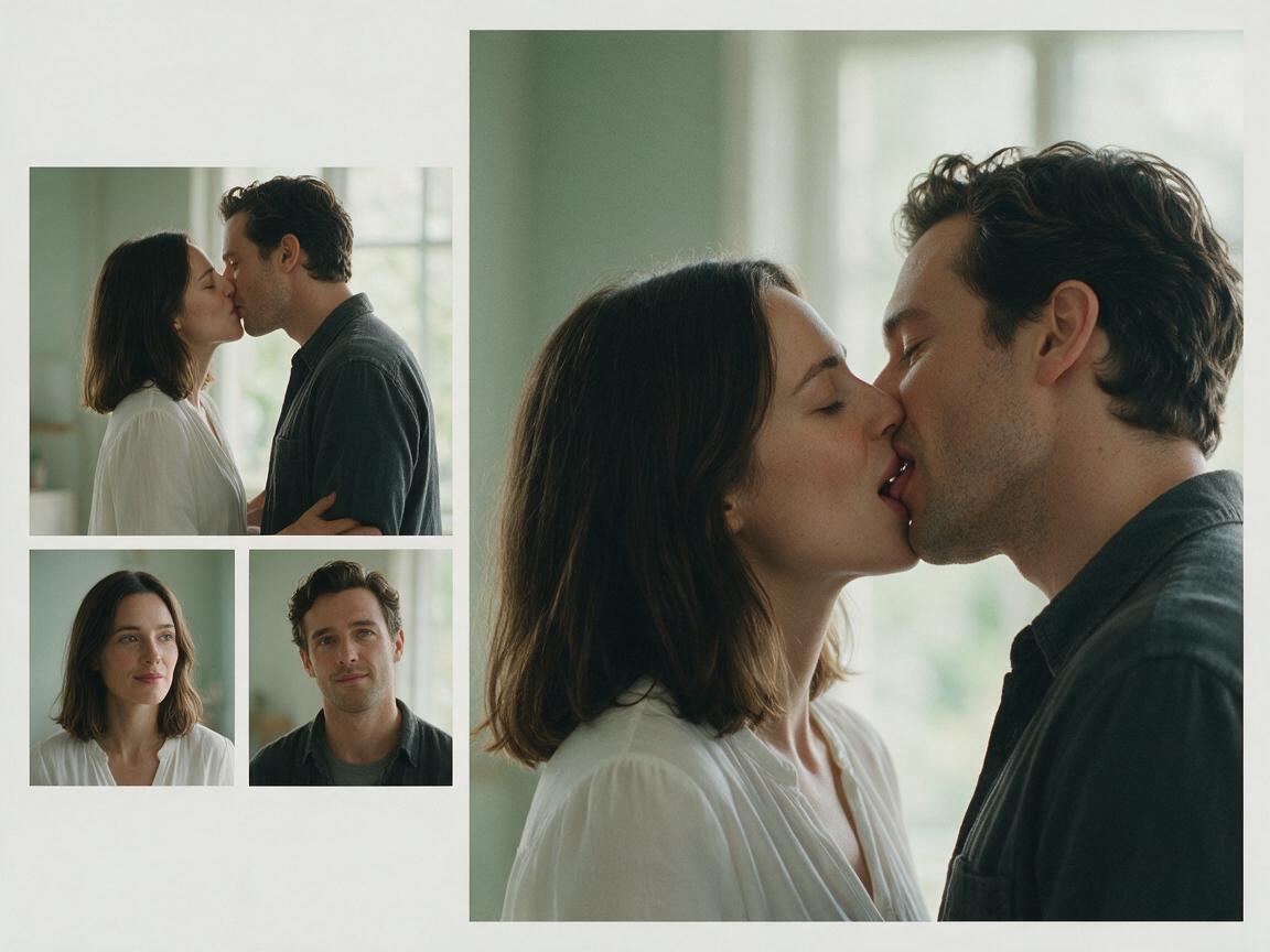 Couple photo and two solo portraits beside an adult couple sharing a tongue kiss